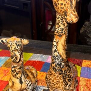 A set of La Vie Safari Patchwork Ceramic Giraffe figurines.